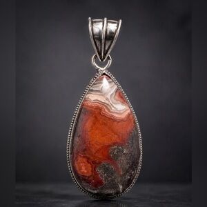 Artisan Silver Red Crazy Lace Agate Teardrop Pendant Handcrafted Western Glam